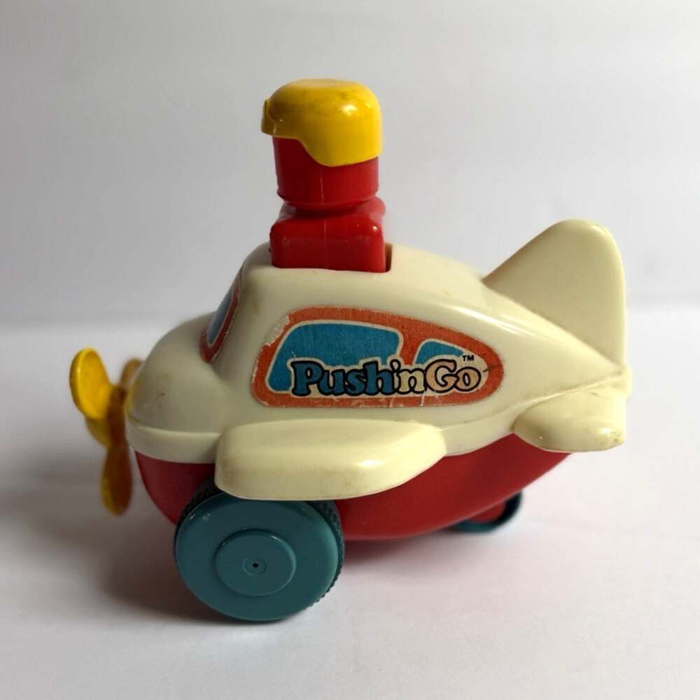 Push N Go Toy Airplane Vintage Style Plastic Propeller Plane Red Yellow Teal